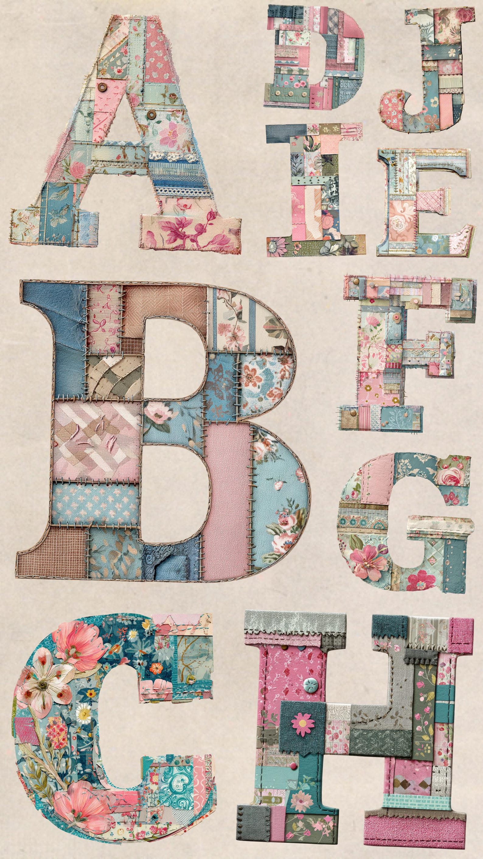 Patchwork Floral Alphabet Clipart: Quilted A-Z Letters (PNG) - Etsy