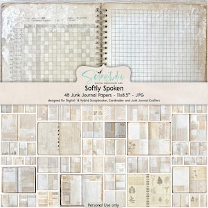 Suavemente hablado, 48 papeles de diario basura, fondos botánicos neutros, textura vintage y páginas de encaje, 28 x 21,5 cm, kit de papel digital romántico