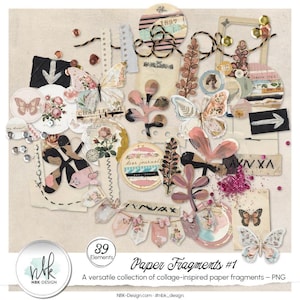 May include: A digital collection of 39 paper fragments featuring collage elements including butterflies, floral illustrations, vintage-style labels, torn paper strips, decorative frames, and abstract shapes in muted pink, brown, and cream tones.