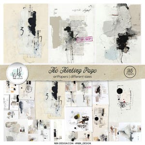 May include: A collection of 25 digital art papers titled The Thinking Page by NBK Design. The papers feature abstract collages with layered textures, black and white ink splatters, handwritten script, printed text, and geometric shapes in neutral tones.