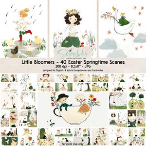 Little Bloomers Papers, 8.5x11" JPG, Ostern, Frühling, Collage, Kartenherstellung, grün, Kinder, niedlich, naiv, Scrapbooking, Junk Journal, gedämpft