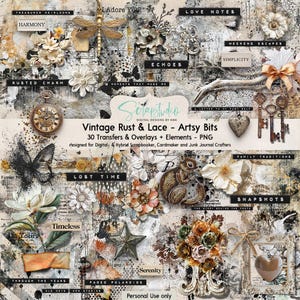 Puede incluir: Un diseño de álbum de recortes digital con una estética vintage. El diseño presenta un collage de elementos florales, mariposas, llaves y superposiciones de texto. La paleta de colores incluye tonos beige, marrón y gris, con el texto "Vintage Rust & Lace - Artsy Bits".