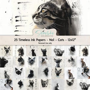 Encre intemporelle, chats, 12 x 12", chats, noir blanc, peinture, monochrome, chaton, nostalgique, jung Journal, scrapbooking, éphémère, imprimable, grunge