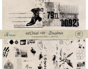 Mix di pennelli grunge, timbri per tecniche miste, elementi di collage digitale (45 PNG, file ABR)