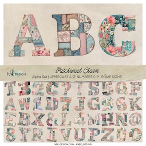 Imágenes prediseñadas del alfabeto floral de patchwork: letras de la A a la Z acolchadas (PNG)