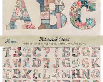 Patchwork Floral Alphabet Clipart: Quilted A-Z Letters (PNG)