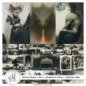 May include: A digital art print featuring a collection of fantasy scenes. The artwork includes a woman in a forest, a dragon, and other mystical imagery. The text "Selected Scenes - No.14 - Whispers of Avalon - different sizes" is visible.