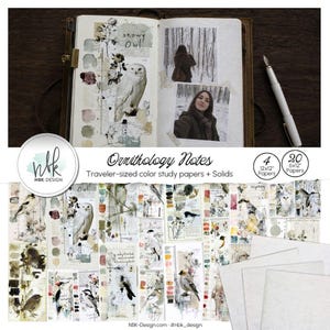 Cuaderno de viaje con hojas para el estudio del color de las aves, páginas para diario de ornitología, álbum de recortes de naturaleza, artículos efímeros para la observación de aves.