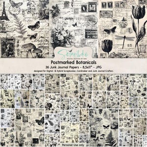 Papeles digitales de revista basura de 8,5 x 11 pulgadas, efímeras botánicas vintage, páginas de collage en blanco y negro, kit de diario imprimible