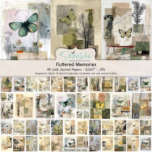 Recuerdos Revoloteantes, 48 Papeles de Diario, Páginas de Collage de Mariposas, Efímeras Vintage de la Naturaleza, Tonos Neutros y Verdes, Estilo Botánico