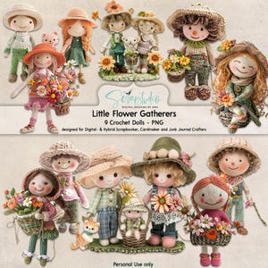 Kleine bloemenverzamelaars, Cliparts, afbeeldingen voor poppen, bloemenmand kinderen, Cottagecore-kinderen, rommeldagboekversieringen, grillige poppen