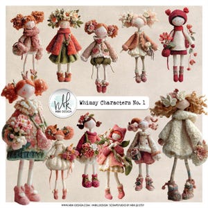 May include: A collection of whimsical fabric dolls with curly red hair, wearing various outfits in shades of pink, red, and cream. Some dolls have floral accents and carry bouquets. The text "Whimsy Characters No. 1" is visible.