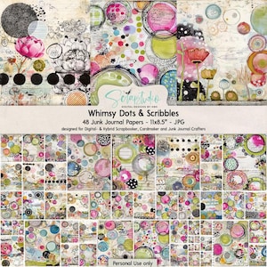 Whimsy Dots & Scribbles – 48 Junk Journal Papers, 11 x 8,5 inch, mixed media, felle kleuren, abstracte collage, grunge doodles, art journaling
