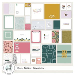 May include: A collection of Simple Stories pocket cards with various designs. The cards feature text like "new chapter," "January," and "Renewal Resolutions Fresh Goals." Designs include floral patterns, geometric shapes, and inspirational quotes. The color palette includes pink, teal, and gold.
