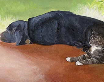 HAND SIGNED Art Card / Cat and Dog Painting / Hand Signed Art Print  "You've got a Friend"