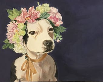 HAND SIGNED Art Card / Dog with flower crown/ canine fine art print / Boston terrier dog Greeting Card "Queen of EVERYTHING!"