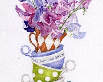HAND SIGNED Art Card / Cup full of flowers / Hand Mounted Hand Signed Art Card- "Bloom and Grow"