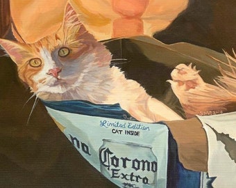HAND SIGNED Art Card / Corona Kitty | Gift for cat lover | cat in a box | funny cat Greeting Card | Just Add Lime  | Gift for Beer lover