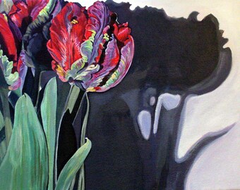 HAND SIGNED Art Card / Rococo Tulip Art / Red Tulip Painting / Flower Art Print- "Parrot Tulips en Masse"