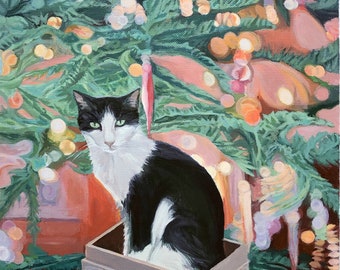 Original Acrylic cat painting / Christmas Tuxedo cat painting | Cat Christmas Card | "all I want for Christmas..."