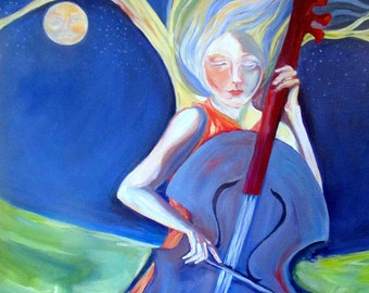 HAND SIGNED Art Print / Woman Playing Cello art / Whimsical woman art / Hand Mounted Hand Signed Art Print- "Soul Music"