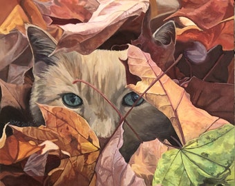 HAND SIGNED Art Card / Autumn Cat Painting/ Cat in Autumn Leaves/ 5 x 7 OR 8.5 x 11 hand signed art print "Enjoy the Little Things"