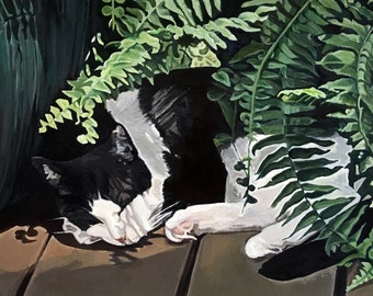 HAND SIGNED Art Card / Tuxedo cat in garden / tuxedo cat painting "Dog days of summer"