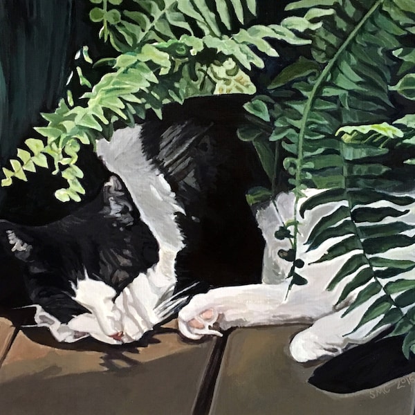 HAND SIGNED Art Card / Tuxedo cat in garden / tuxedo cat painting "Dog days of summer"