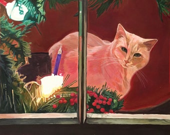 Holiday Cat Art Print / Cat in the Window Painting/  "Deck the Halls"