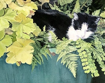 HAND SIGNED Art Card / Tuxedo cat in garden / tuxedo cat painting "Daydreamer & Night Thinker"