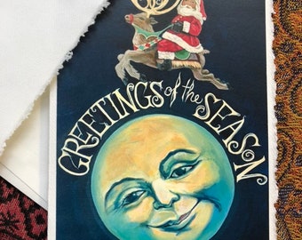 Celestial Christmas/ Santa flying over the moon/ Full Moon Christmas card "Greetings of the Season" Season's Greetings /Celestial Santa