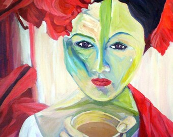 HAND SIGNED Art Print / Matisse style Woman / Abstract woman / Woman with a Green Stripe / "Coffee in the Garden""