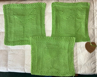 Set of 3 Face Cloths, Bar Cloths, Dish Cloths Hand Knit from Lime Green Mercerized Cotton Beer Wine Martini Designs