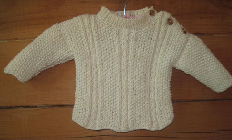 ORDER Hand Knit Baby Aran Sweater Pullover Natural Fisherman Wool Cable and Moss Stitch Baby Size 3 to 9 Months Free US Shipping