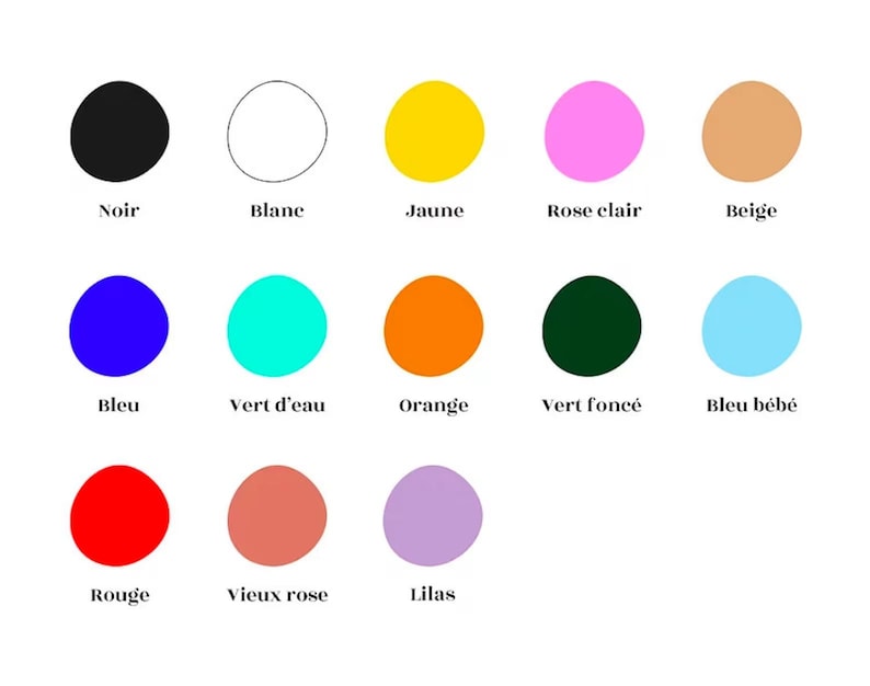 May include: A chart with 15 color swatches, each with a French word describing the color. The colors are black, white, yellow, light pink, beige, blue, turquoise, orange, dark green, light blue, red, salmon, lilac, brown, and gray.