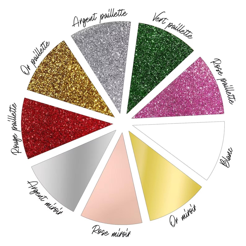 May include: A color wheel with eight sections showing different colors of glitter and mirror finishes. The colors are: red, gold, silver, green, pink, white, rose gold, and gold. The text on the wheel reads: "Rouge paillette", "Or paillette", "Argent miroir", "Rose miroir", "Argent paillette", "Vert paillette", "Or miroir", "Blanc", and "Rose paillette".