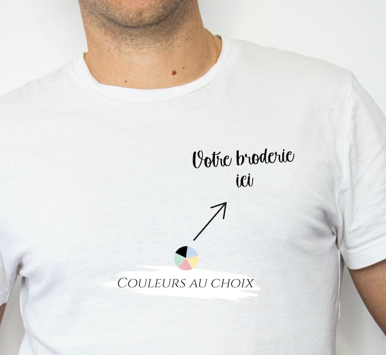 May include: White t-shirt with the text "Votre broderie ici" and an arrow pointing to a circle with a color wheel design. The text "COULEURS AU CHOIX" is below the circle.