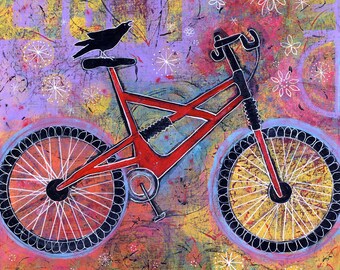 Whimsical Colorful Raven Mountain Bike Art - Print for Kids Room - Children's Art - Playful Fun Boho Artwork