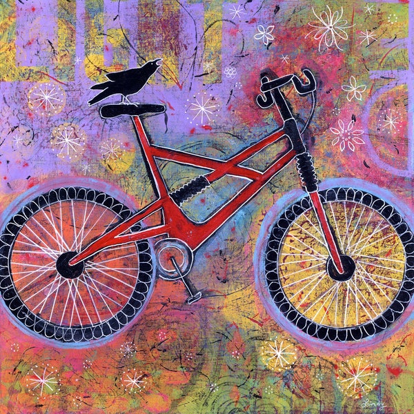 Whimsical Colorful Raven Mountain Bike Art - Print for Kids Room - Children's Art - Playful Fun Boho Artwork