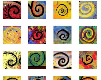 Colorful Spiral Shapes, Symbols Digital Collage Sheet, 42 1x1 inch Fine Art Print images, Download and Print