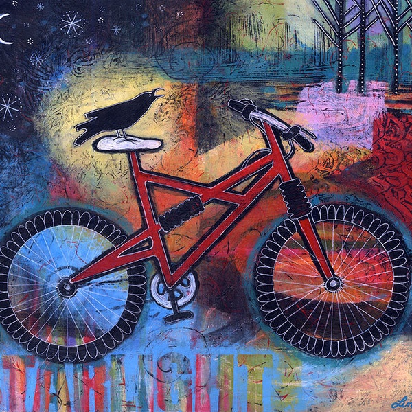 Whimsical Boho Raven and Bike Wall Art. Colorful Cycling Gift for Bicycle Rider.