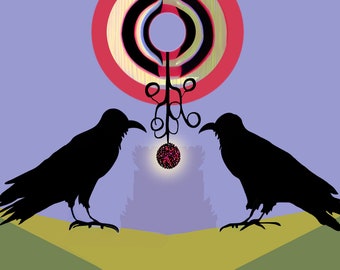 Raven Bird Art Print with Humor, Title Two Ravens Sit and Reflect on the Prize