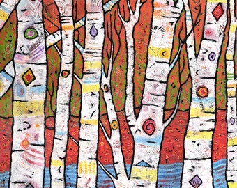 Whimsical Aspen Tree Colorful Boho Wall Art - Enchanted Forest Print - Title Big Sun, Hidden Buddha