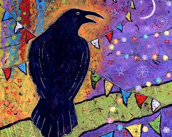 Colorful Whimsical Raven Print. Black Bird Wall Art Decor. Playful title Laughing with the Moon.