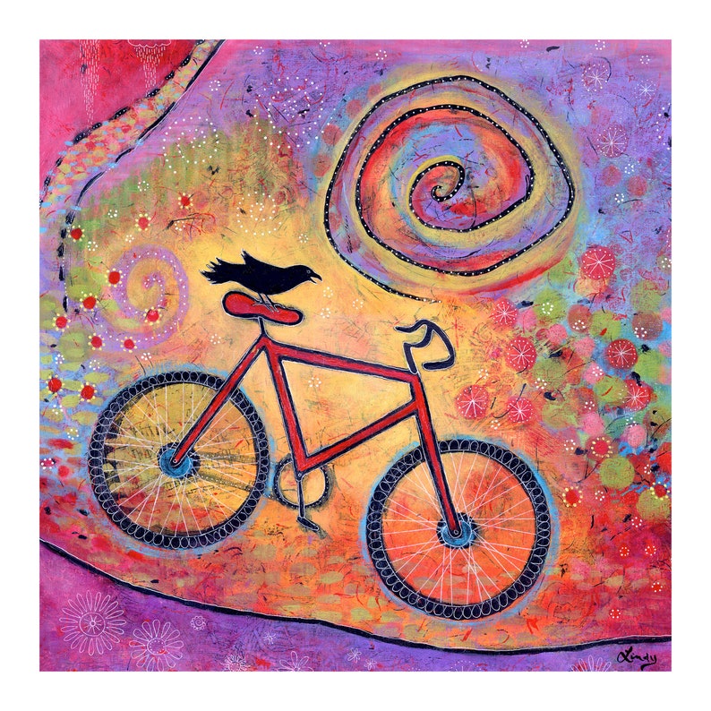 Colorful Bike and Raven Print, Whimsical Bird Art Print, Artwork for Kids Room, Fun Gift for Women image 4