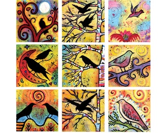 Ravens and Whimsical Birds Bookmarks - Digital Download - Colorful Animal Bookmark