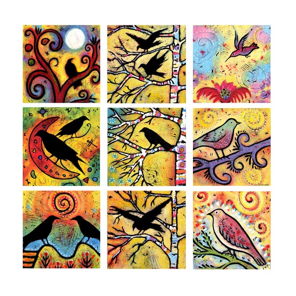 Ravens and Whimsical Birds Bookmarks - Digital Download - Colorful Animal Bookmark
