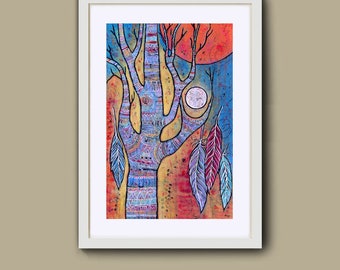 11 x 17 Blue Whimsical Tree Art Print titled Big Sun, Little Moon