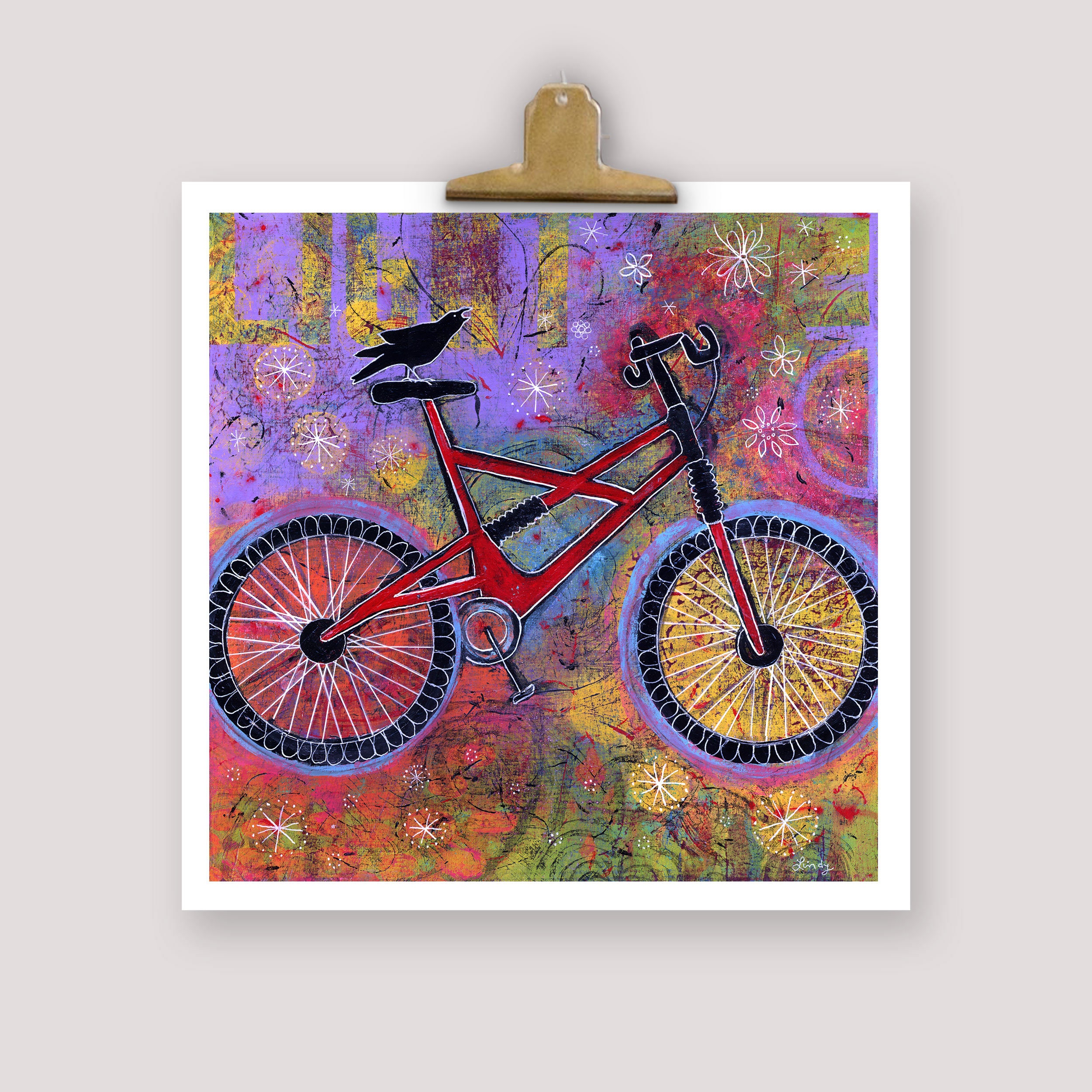 Whimsical Colorful Raven Mountain Bike Art - Print for Kids Room - Children's Art - Playful Fun Boho Artwork