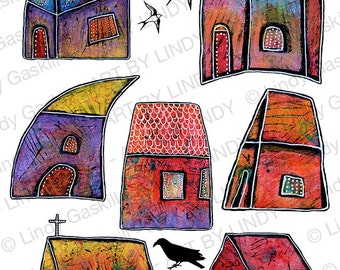 Colorful Small Whimsical Houses Art Digital Download, Village Houses Artwork, Small Town Art with Swallows Printable by Lindy Gaskill